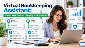 Virtual bookkeeping assistant organizing invoices, tracking expenses, and maintaining financial records for a small business