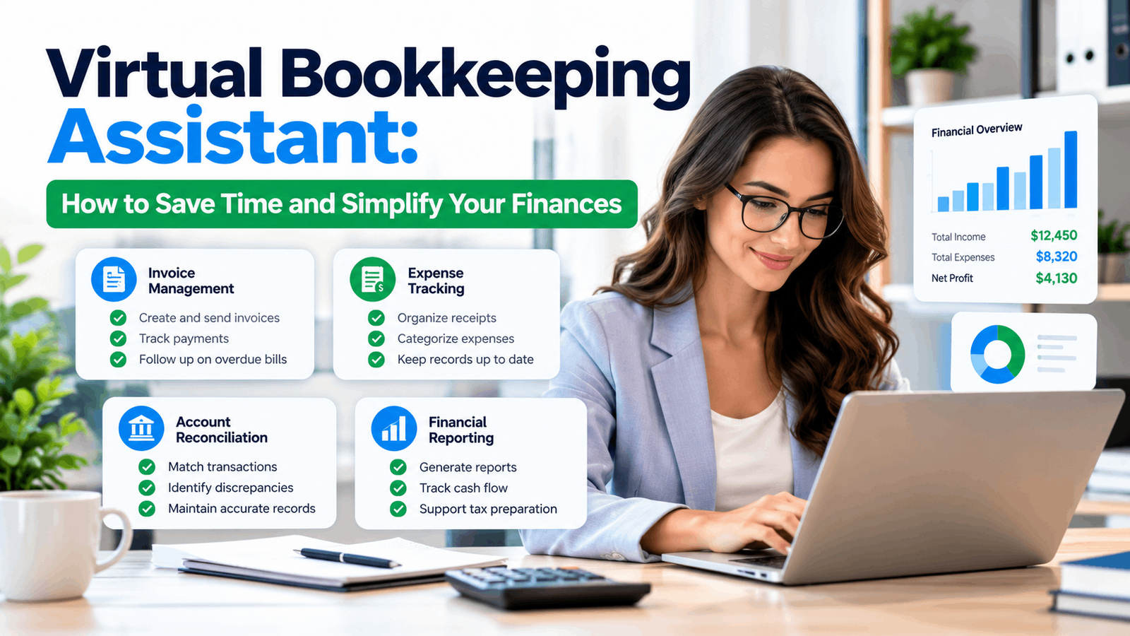 Virtual bookkeeping assistant organizing invoices, tracking expenses, and maintaining financial records for a small business
