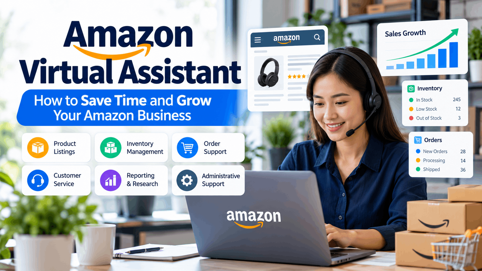 Seller preparing to hire Amazon virtual assistant help while reviewing product listings and inventory on a laptop
