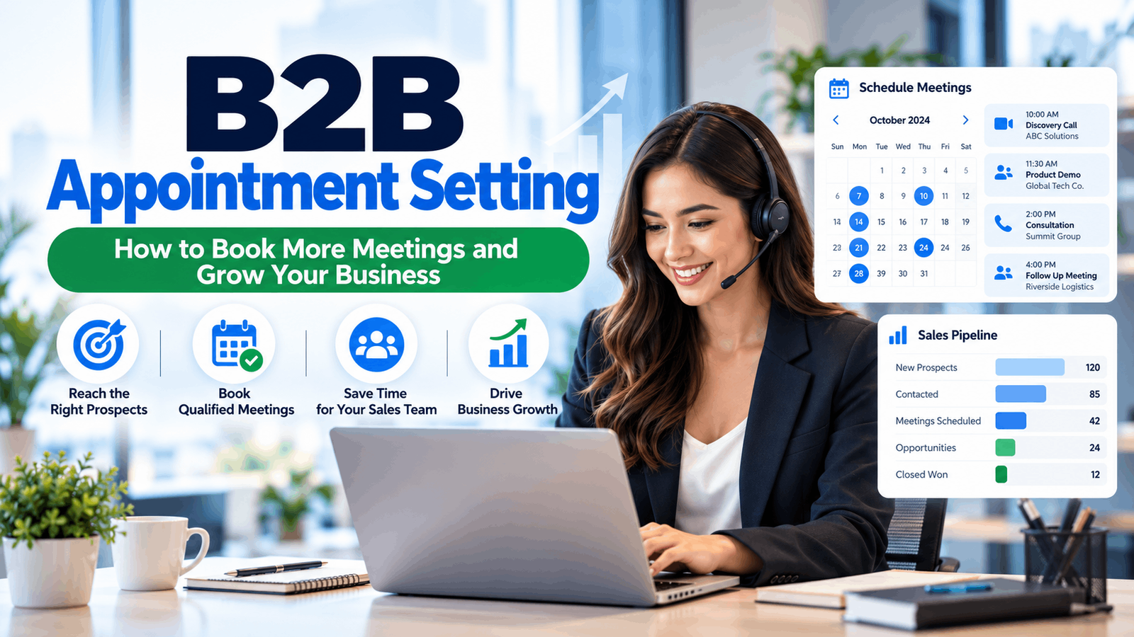 B2B appointment setting professional coordinating qualified sales meetings, managing CRM records, and scheduling business appointments