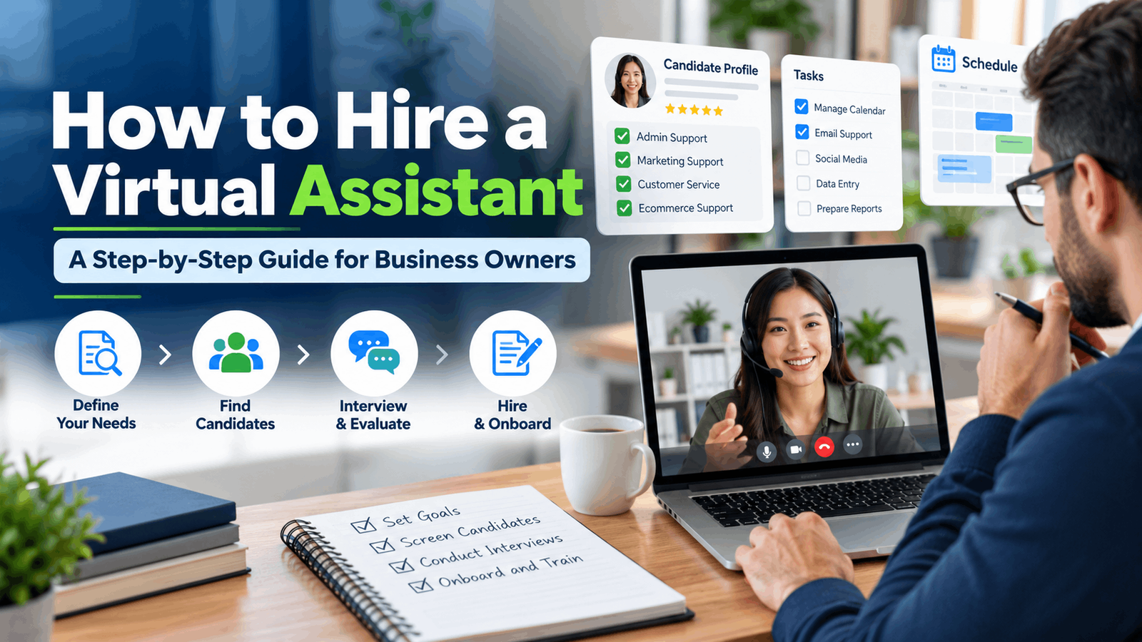 Business owner learning how to hire a virtual assistant while reviewing candidate profiles and conducting a remote interview
