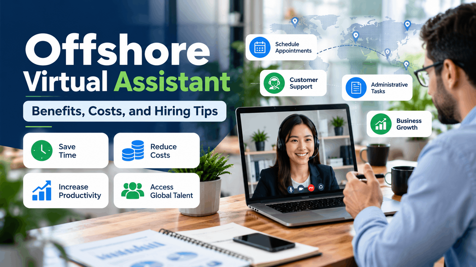 Offshore virtual assistant collaborating remotely with a U.S. business owner on scheduling, customer support, and administrative tasks