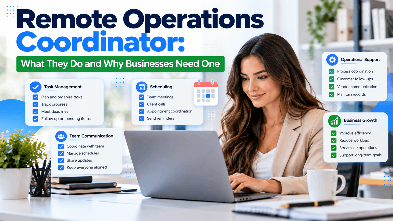 Remote operations coordinator organizing project tasks, team schedules, and business workflows on a laptop