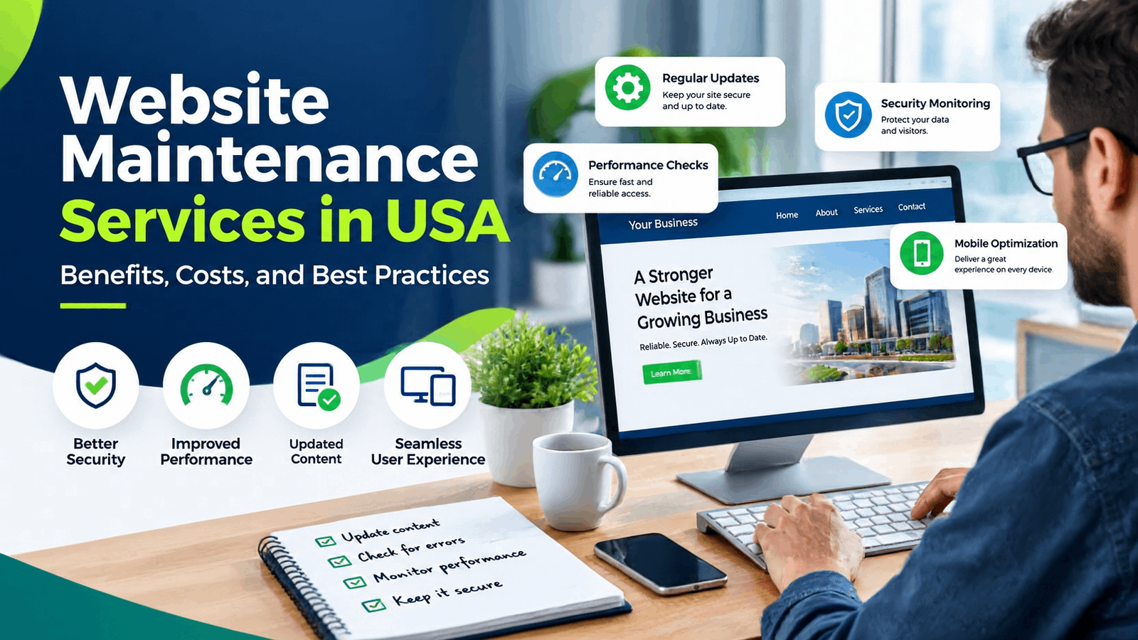 Website maintenance services in USA with a professional reviewing website updates, performance monitoring, and routine maintenance tasks